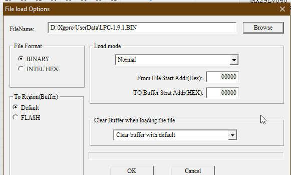 XGpro Load File Options: Binary, Normal, 00000 file/buffer offsets.