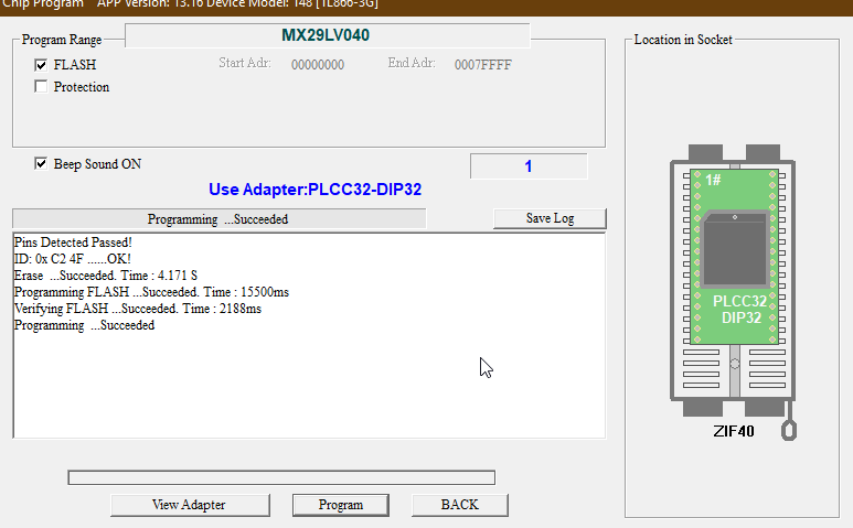 Actual T48 output: MX29LV040 ID accepted; erase, program and verification successful.