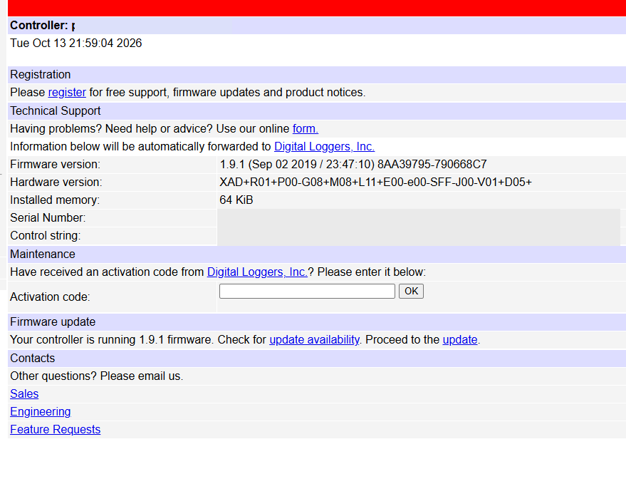 Restored LPC support page reporting firmware 1.9.1, Sep 02 2019 build, and 64 KiB installed memory. Device-specific registration fields are redacted below when republishing publicly.